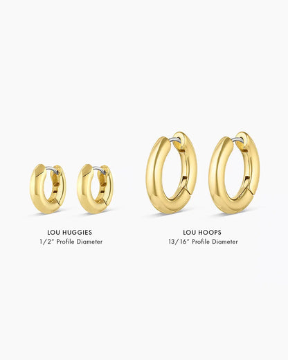 Gold hoop earrings labeled 'Lou Huggies' and 'Lou Hoops' on a white background
