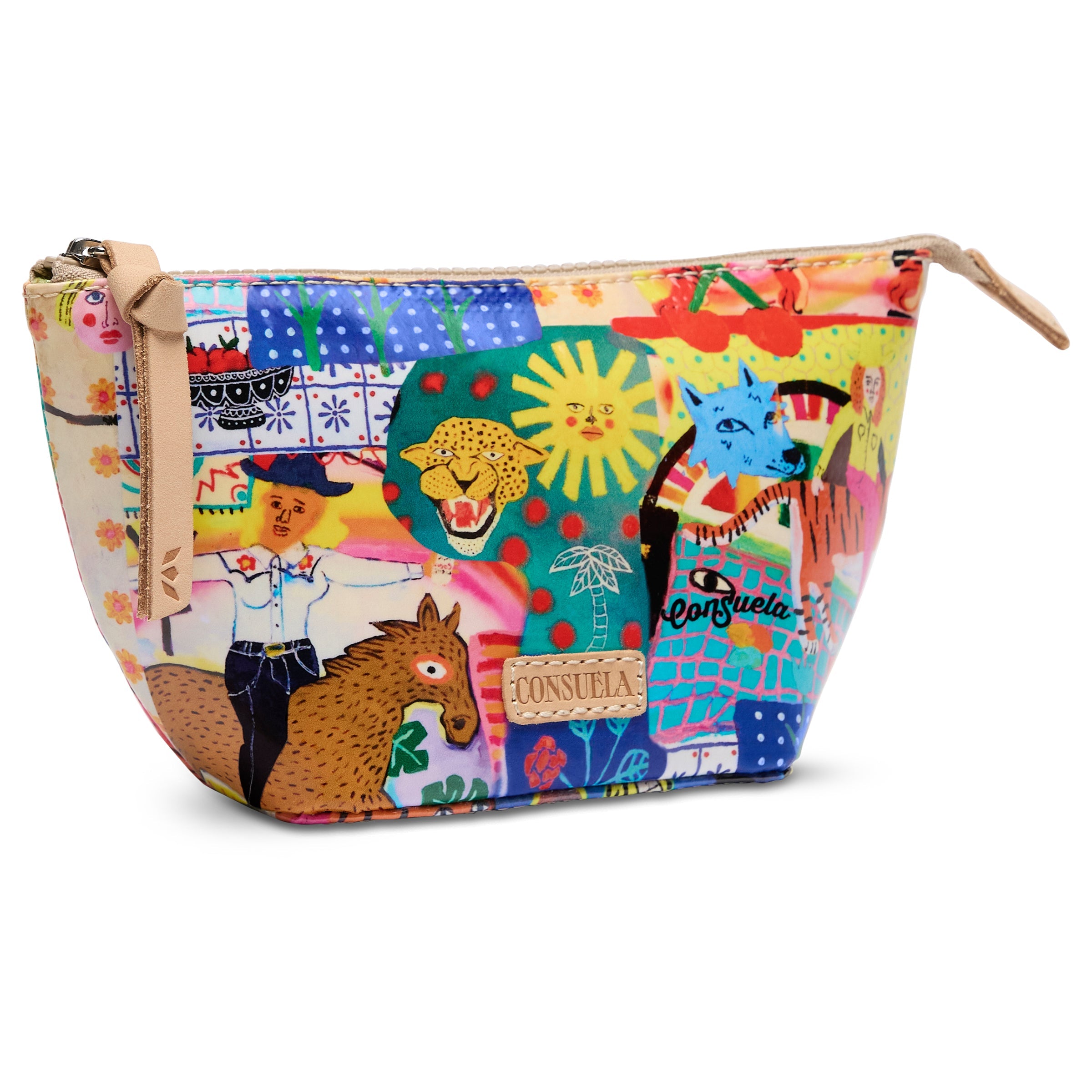 Colorful bag with artistic design featuring animals and people, brand 'Consuela' visible.