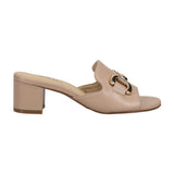 Beige sandal with a gold buckle on a white background