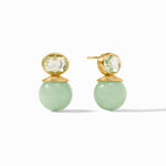 Pair of earrings with green gemstones and gold accents on a white background