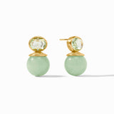Pair of earrings with green gemstones and gold accents on a white background