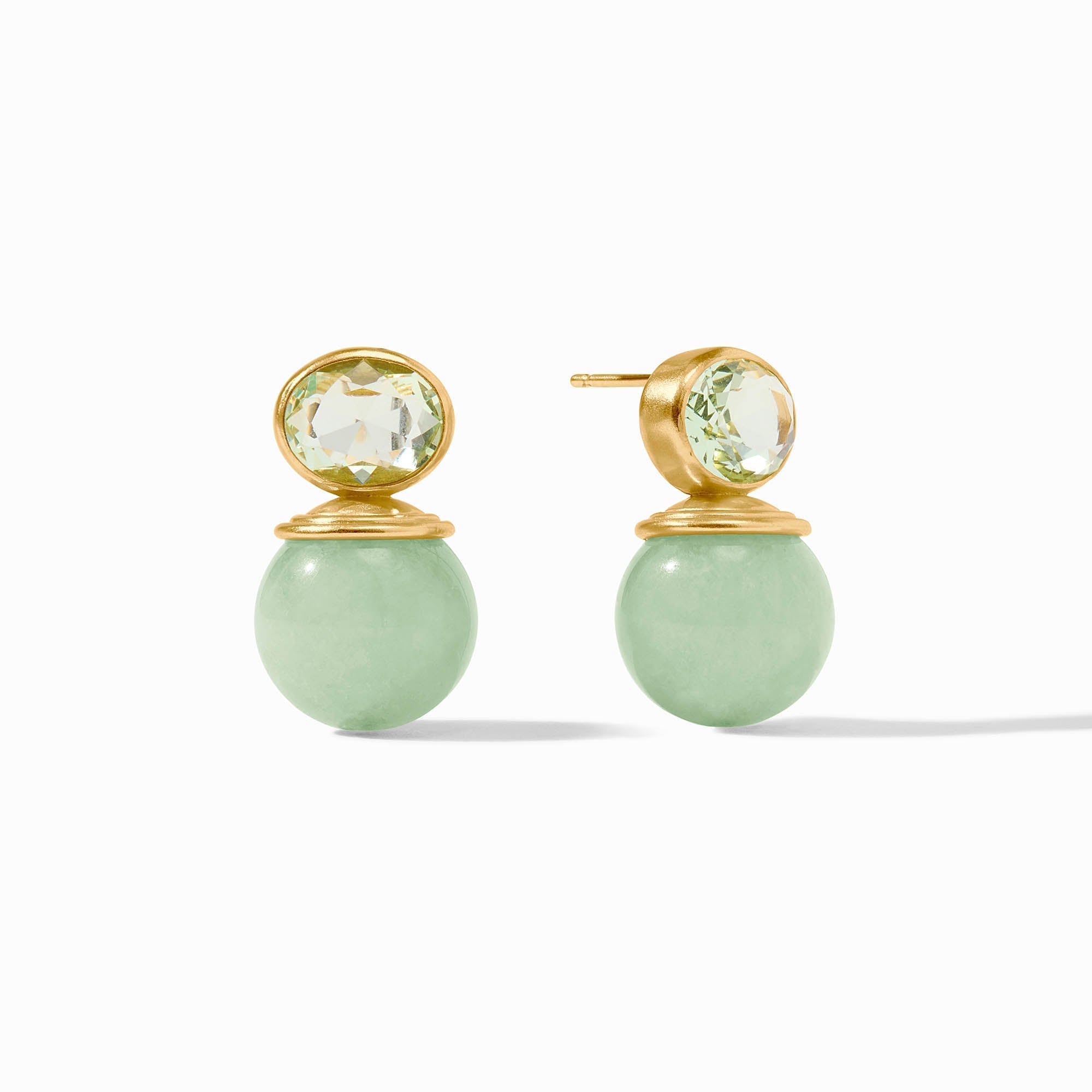 Pair of earrings with green gemstones and gold accents on a white background