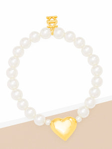 HEART CHARM PEARL STRETCH BRACELET