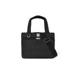 Black quilted handbag with a strap on a white background
