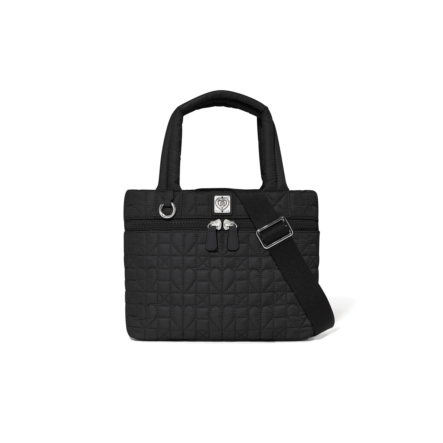 Black quilted handbag with a strap on a white background