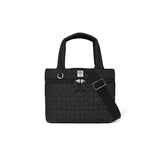Black quilted handbag with a strap on a white background