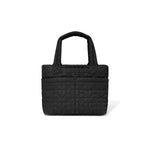 Black quilted handbag on a white background