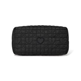 Black quilted clutch with a heart design on a white background