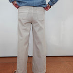 A person shown from the back wearing light beige wide-leg jeans, a blue denim shirt, and beige sandals, standing against a white wall on a terracotta-colored floor.