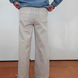 A person shown from the back wearing light beige wide-leg jeans, a blue denim shirt, and beige sandals, standing against a white wall on a terracotta-colored floor.