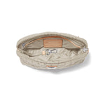 Open beige pouch with zipper on a white background