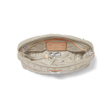 Open beige pouch with zipper on a white background