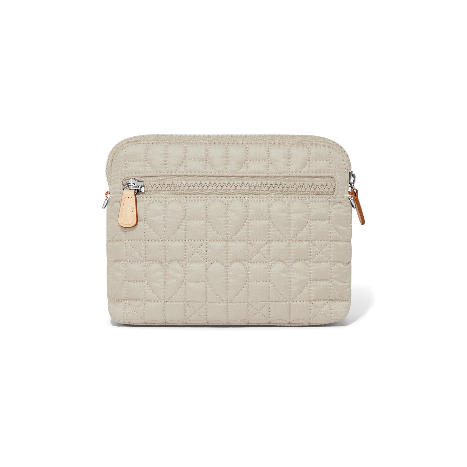 Quilted beige pouch with zipper on a white background