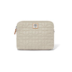 Quilted beige pouch with a brand logo on a white background