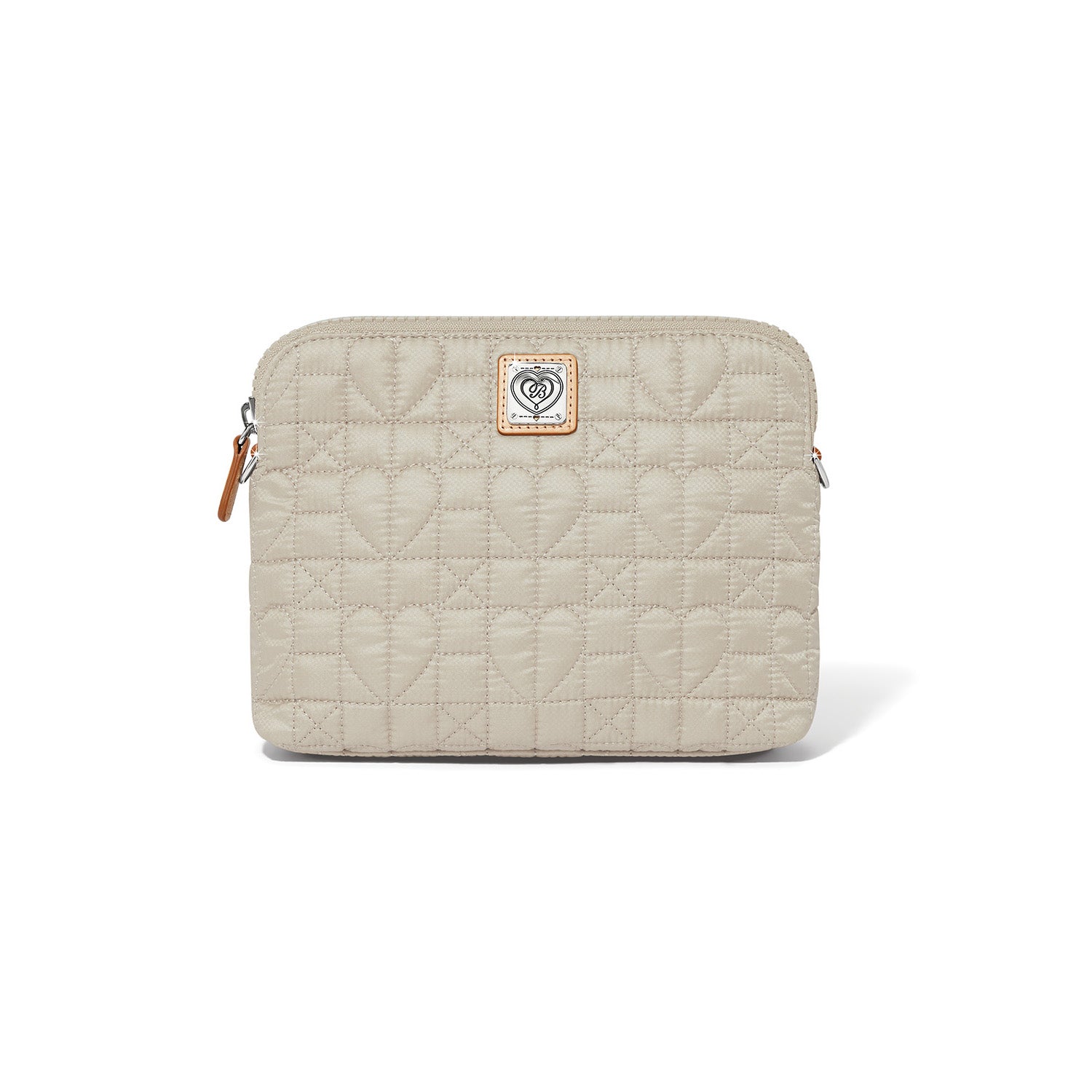 Quilted beige pouch with a brand logo on a white background