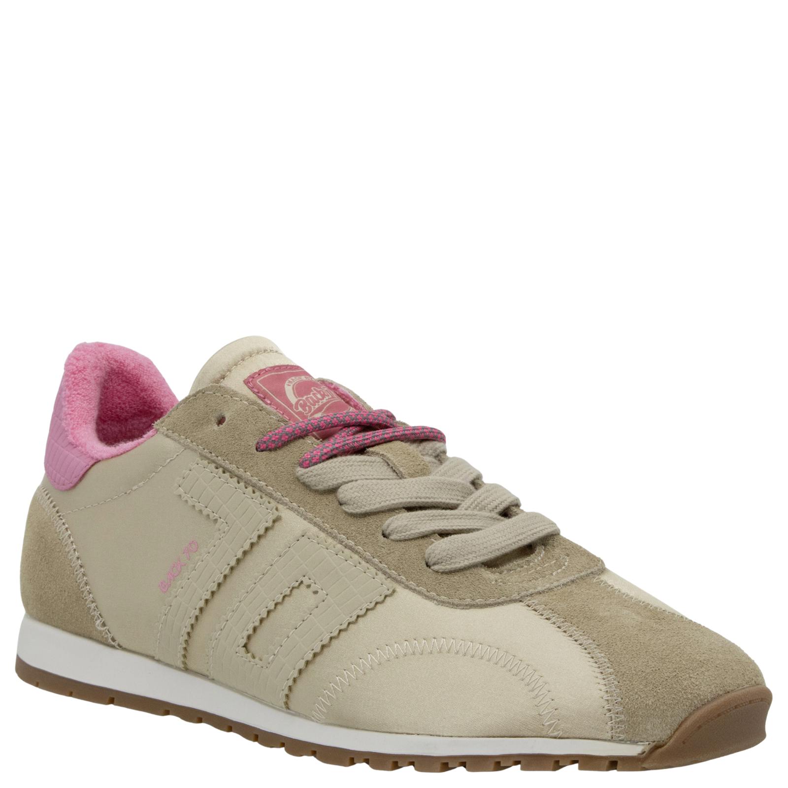 Beige sneaker with pink accents on a white background