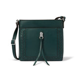 Green leather handbag with decorative strap on a white background