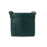 Green leather crossbody bag on a white background