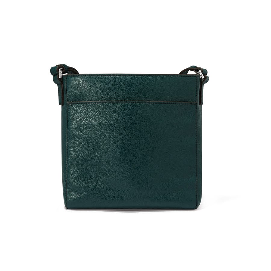 Green leather crossbody bag on a white background