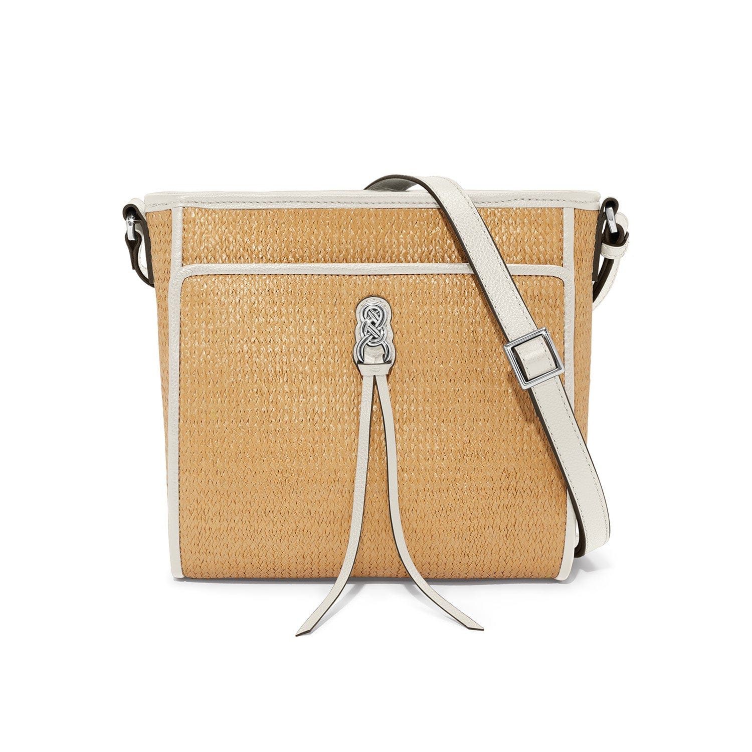 Beige handbag with a white strap on a white background