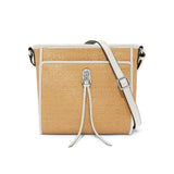 Beige handbag with a white strap on a white background