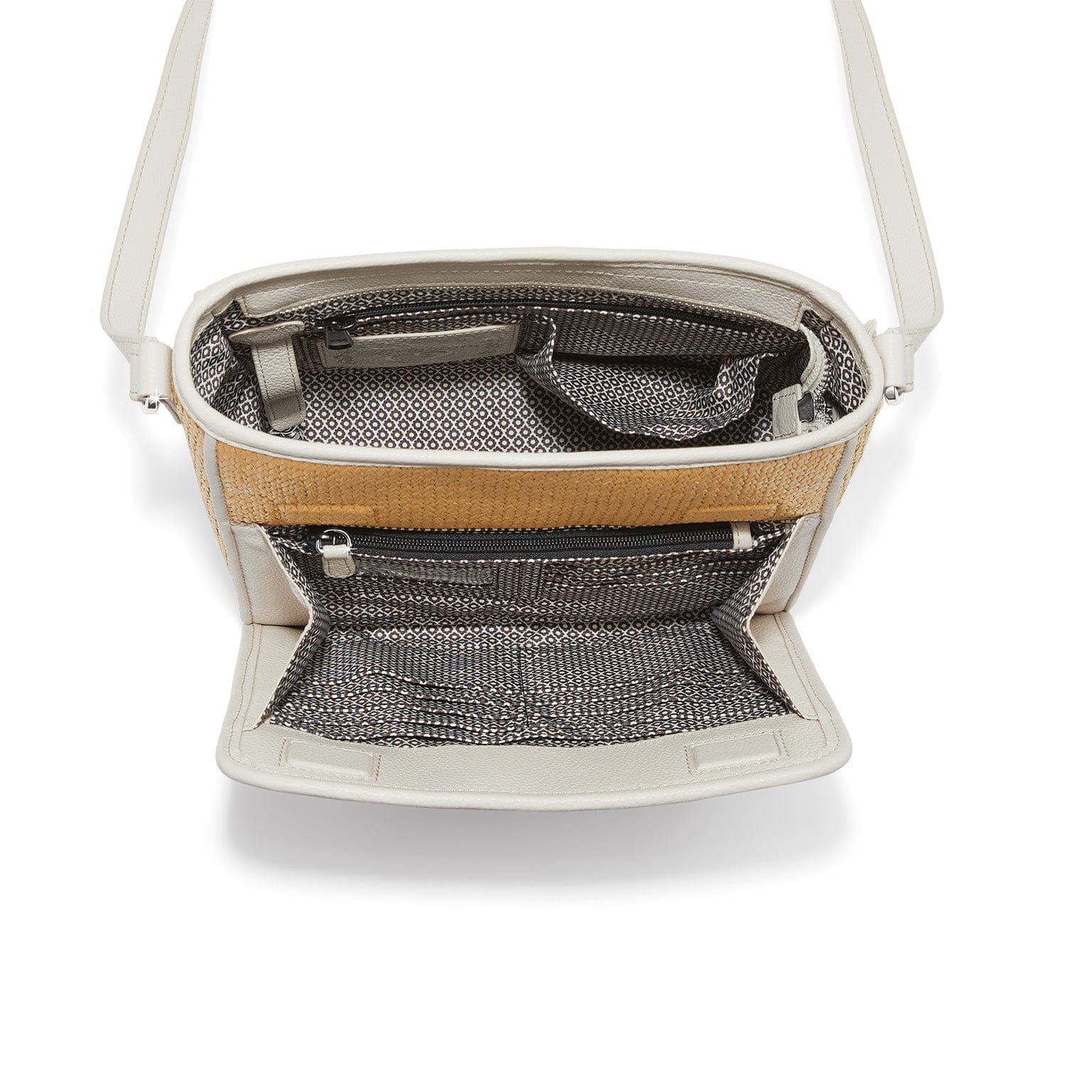 Open handbag showing interior compartments on a white background