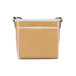 Beige straw handbag with white trim on a white background