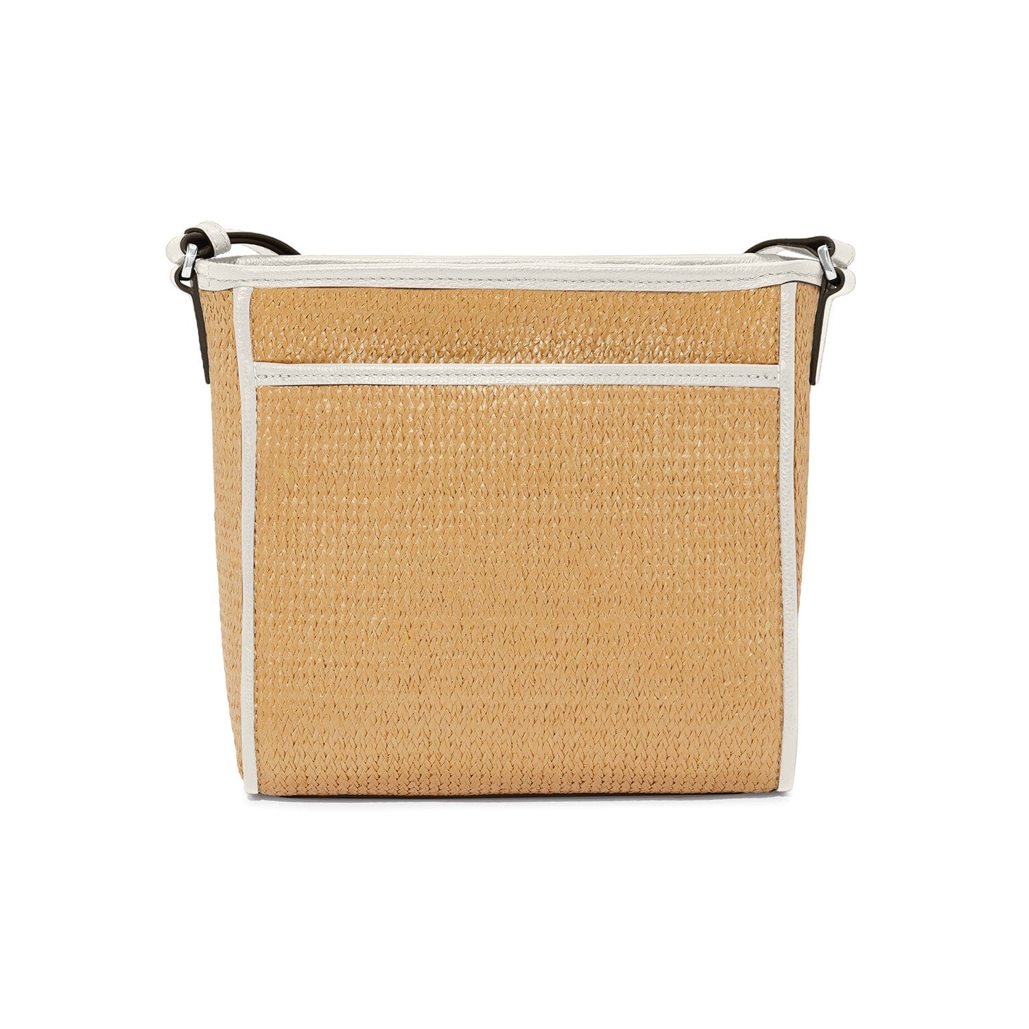 Beige straw handbag with white trim on a white background