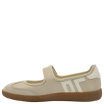 Beige shoe with a brown sole on a white background