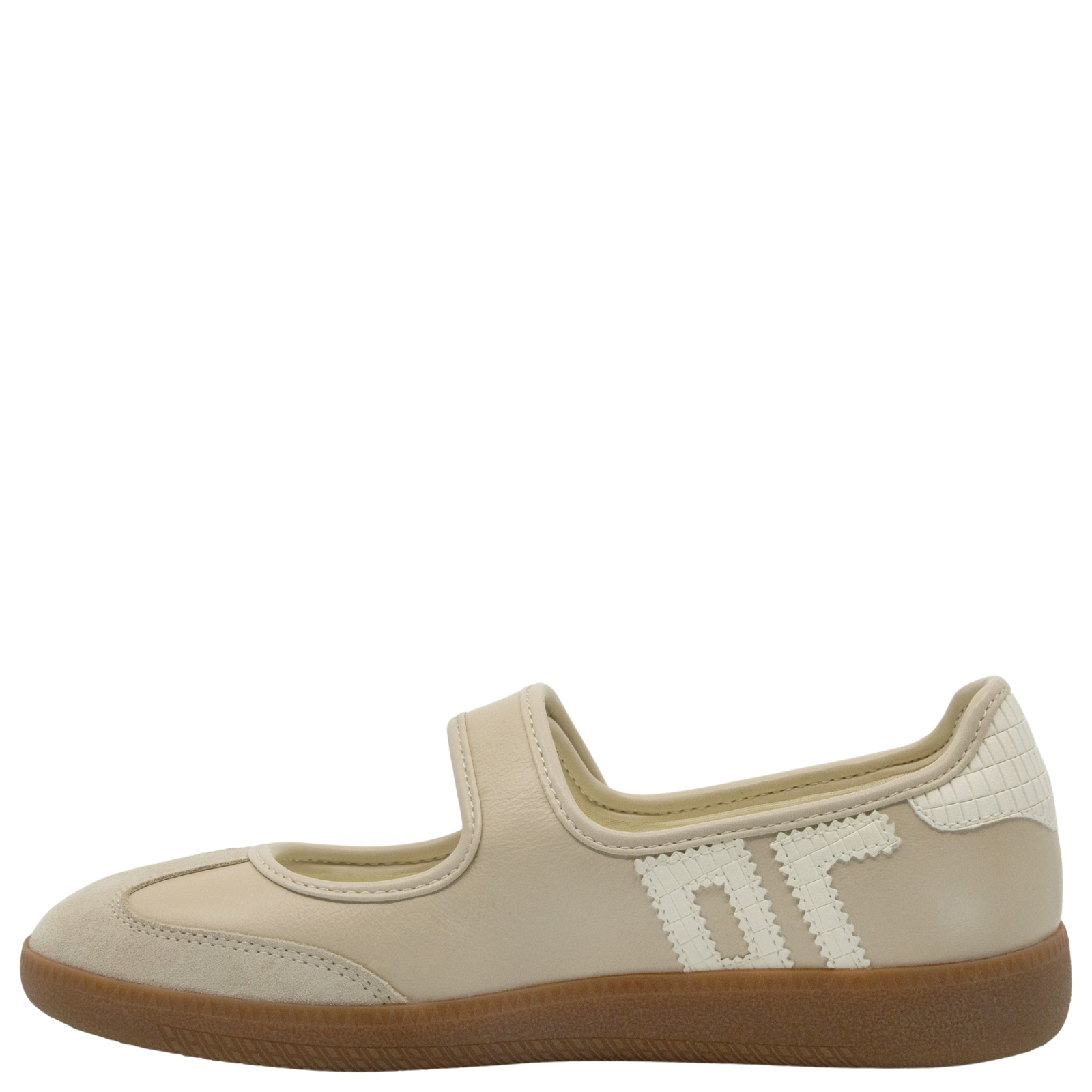 Beige shoe with a brown sole on a white background