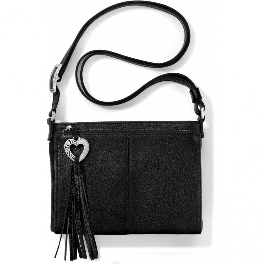 Black leather crossbody bag with a heart-shaped clasp and tassel on a white background