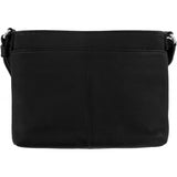 Black leather crossbody bag with a heart-shaped clasp and tassel on a white background