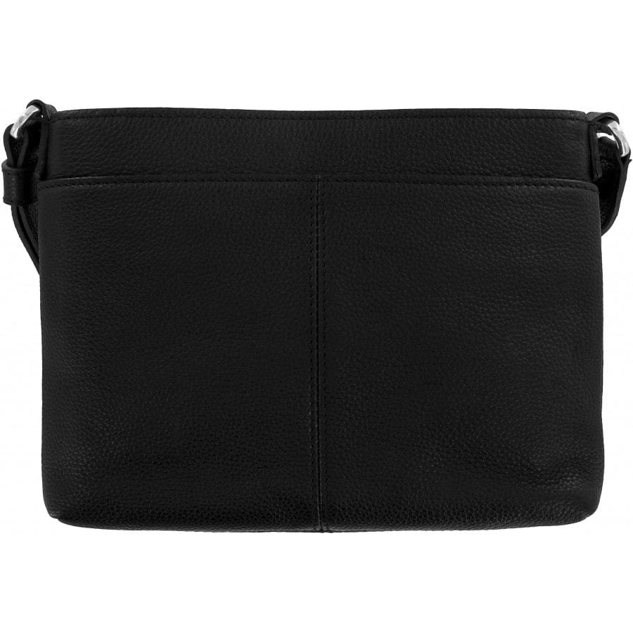 Black leather crossbody bag with a heart-shaped clasp and tassel on a white background