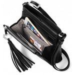 Black leather crossbody bag with a heart-shaped clasp and tassel on a white background