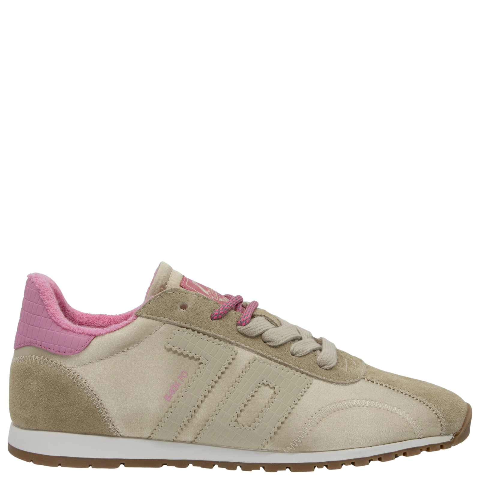 Beige sneaker with pink accents on a white background