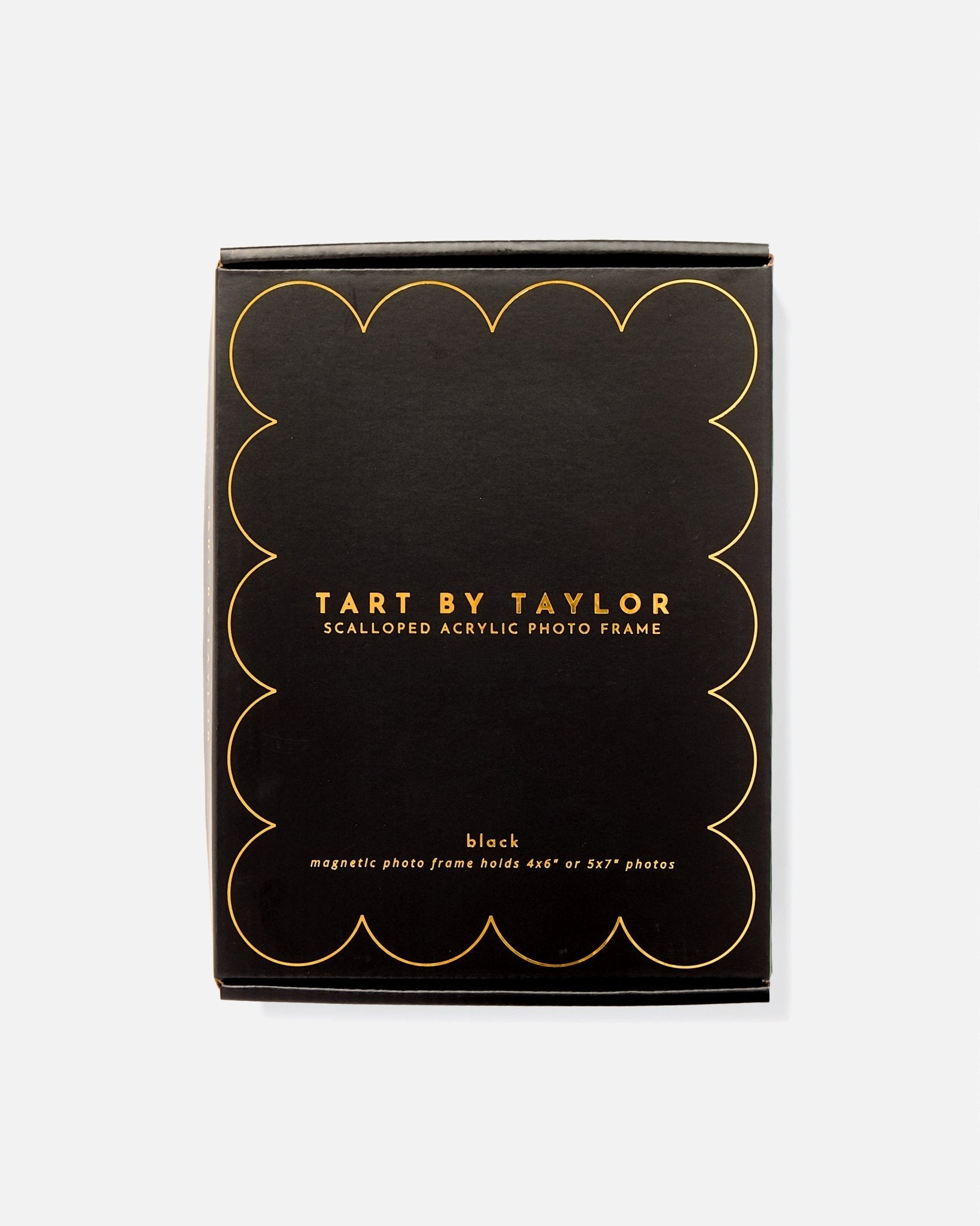 Black packaging box with gold text for Tart by Taylor scalloped acrylic photo frame