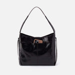 Black handbag with a phone pocket on a white background