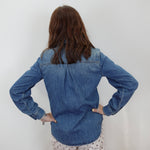 A woman viewed from behind wearing a blue denim button-up shirt and white pants with black polka dots, standing against a plain white wall.