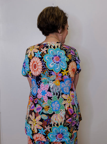 Person wearing a colorful floral dress against a white wall
