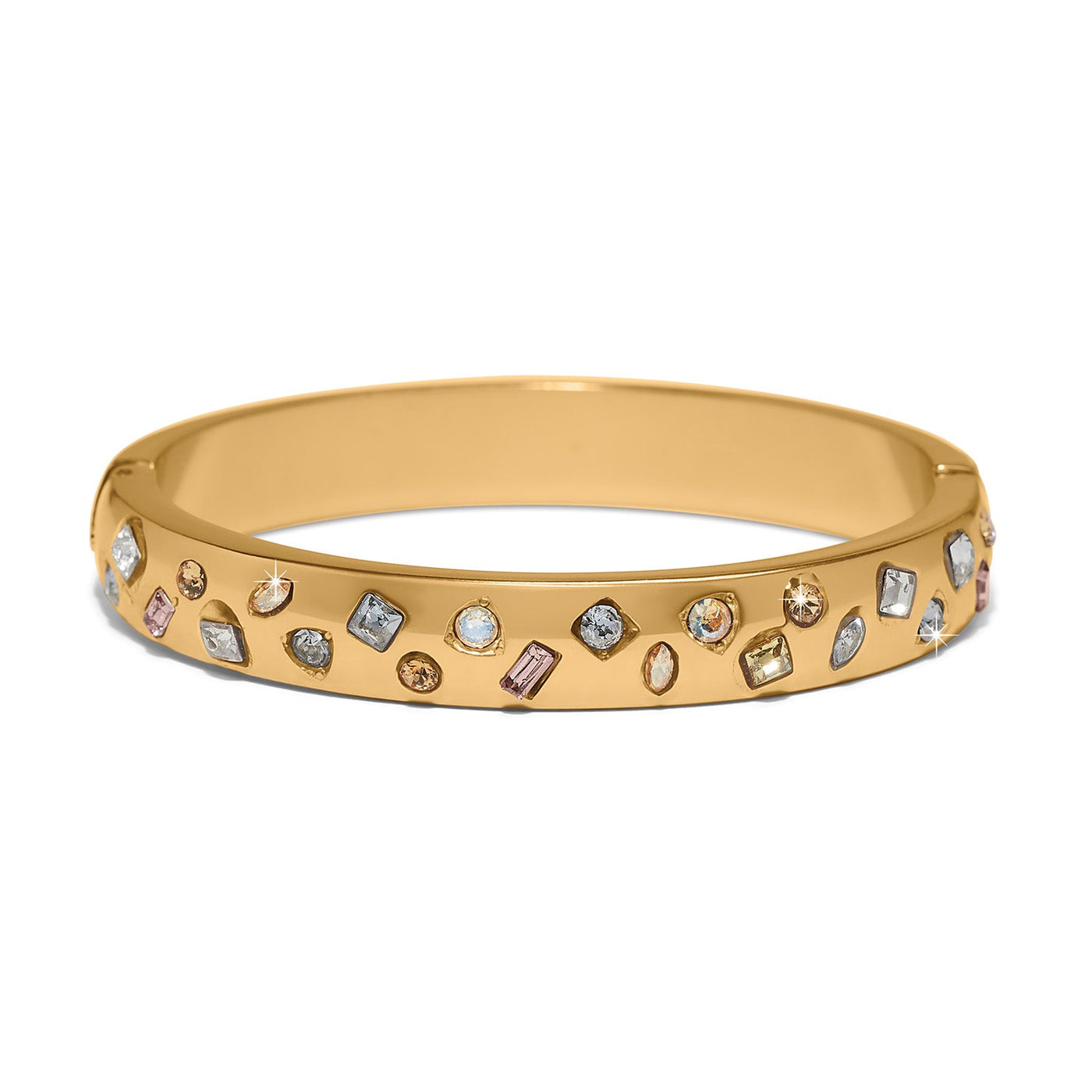 Gold bracelet with embedded gemstones on a white background