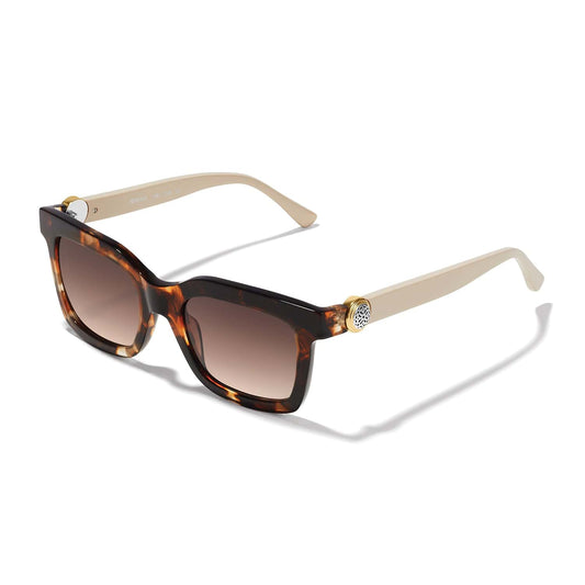 Sunglasses with tortoiseshell frame and beige arms on a white background