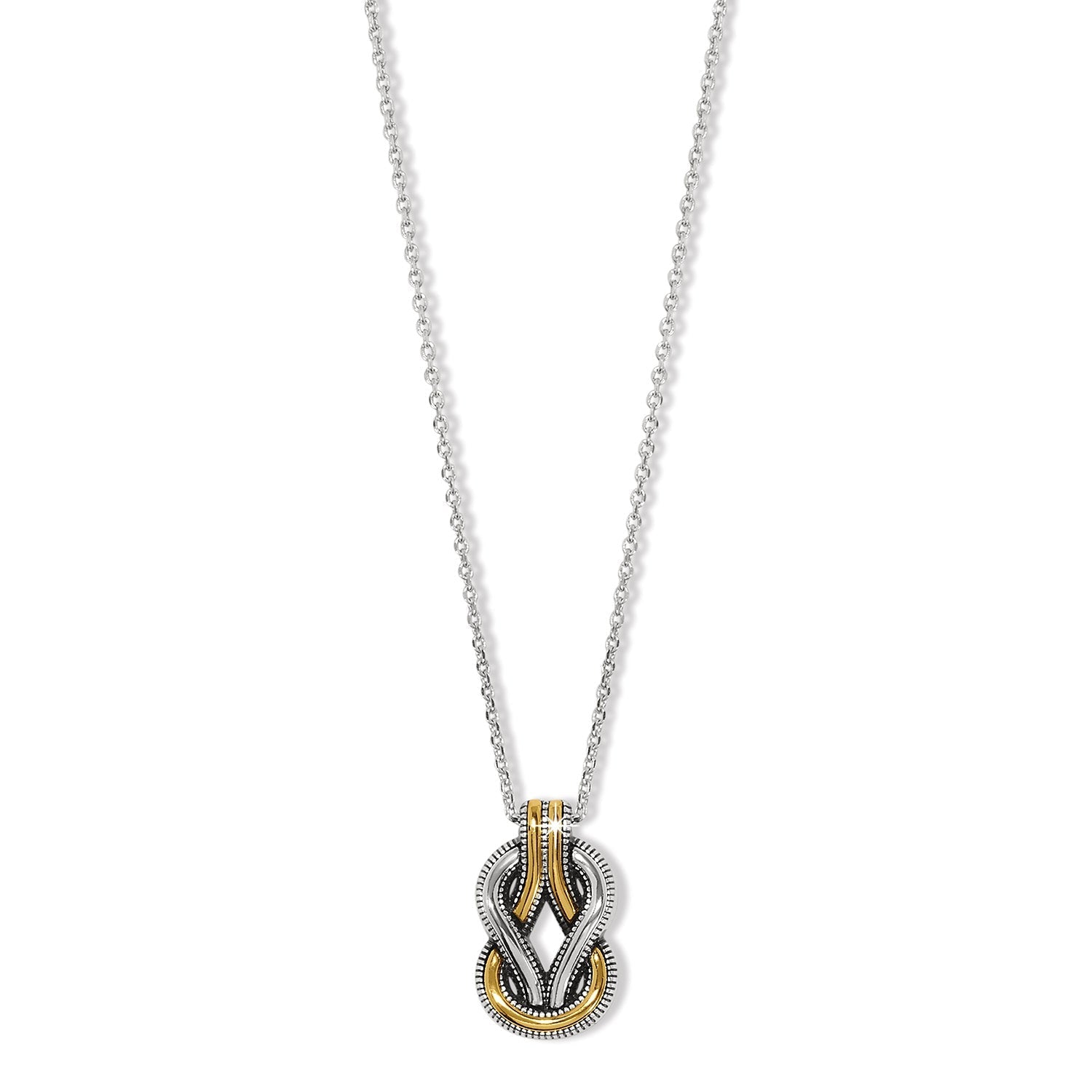 A two-tone necklace with a geometric pendant.