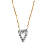 Heart-shaped pendant necklace with gold chain on a white background