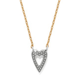 Heart-shaped pendant necklace with gold chain on a white background