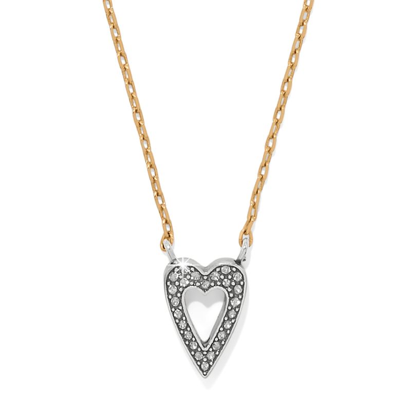 Heart-shaped pendant necklace with gold chain on a white background