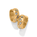 Gold hoop earrings with embedded crystals on a white background