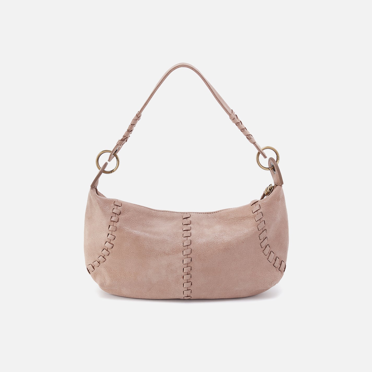 Pink handbag with braided handle on a light gray background