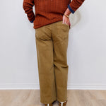 Person wearing a brown sweater and tan pants standing against a white wall.