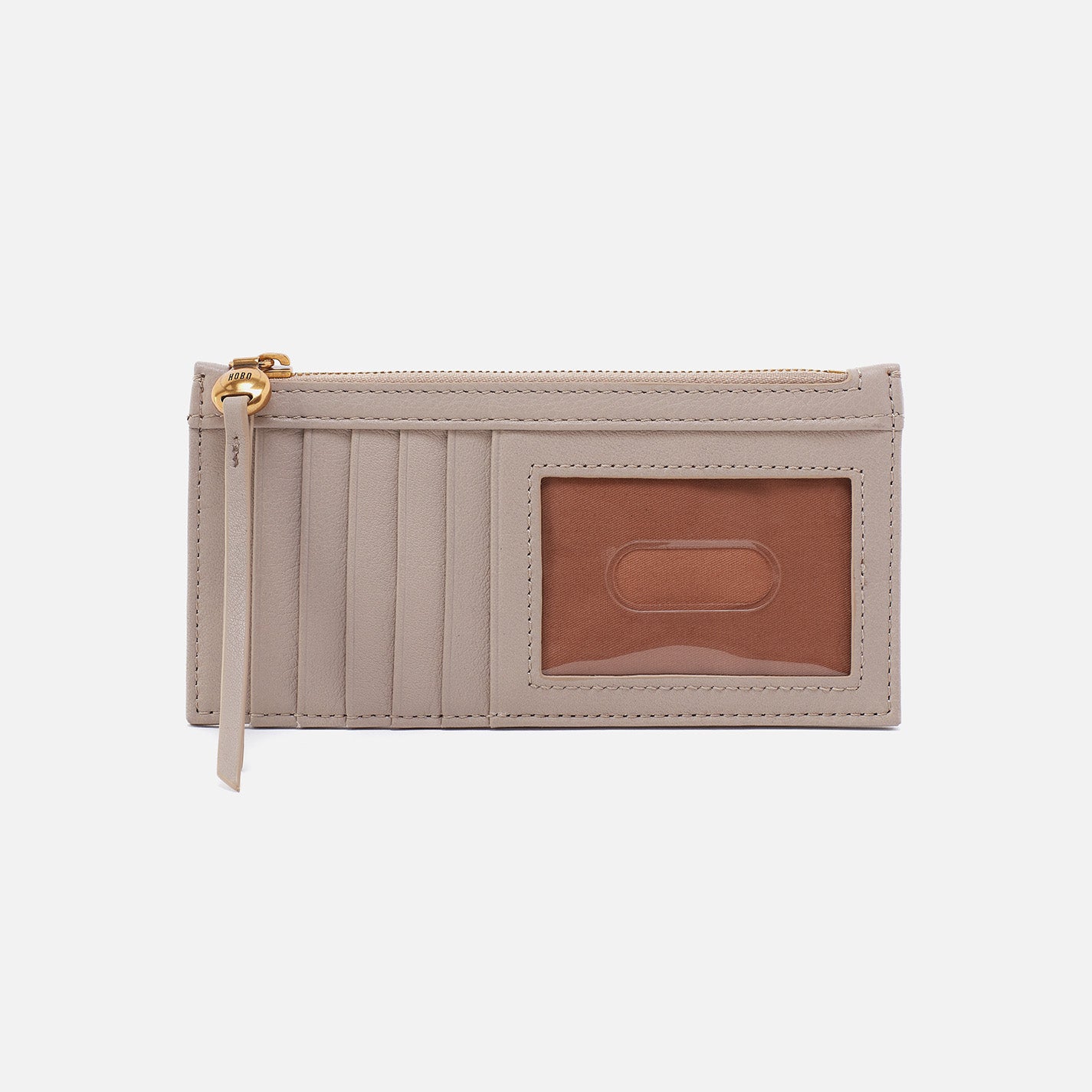 Beige cardholder with a brown card pocket on a white background