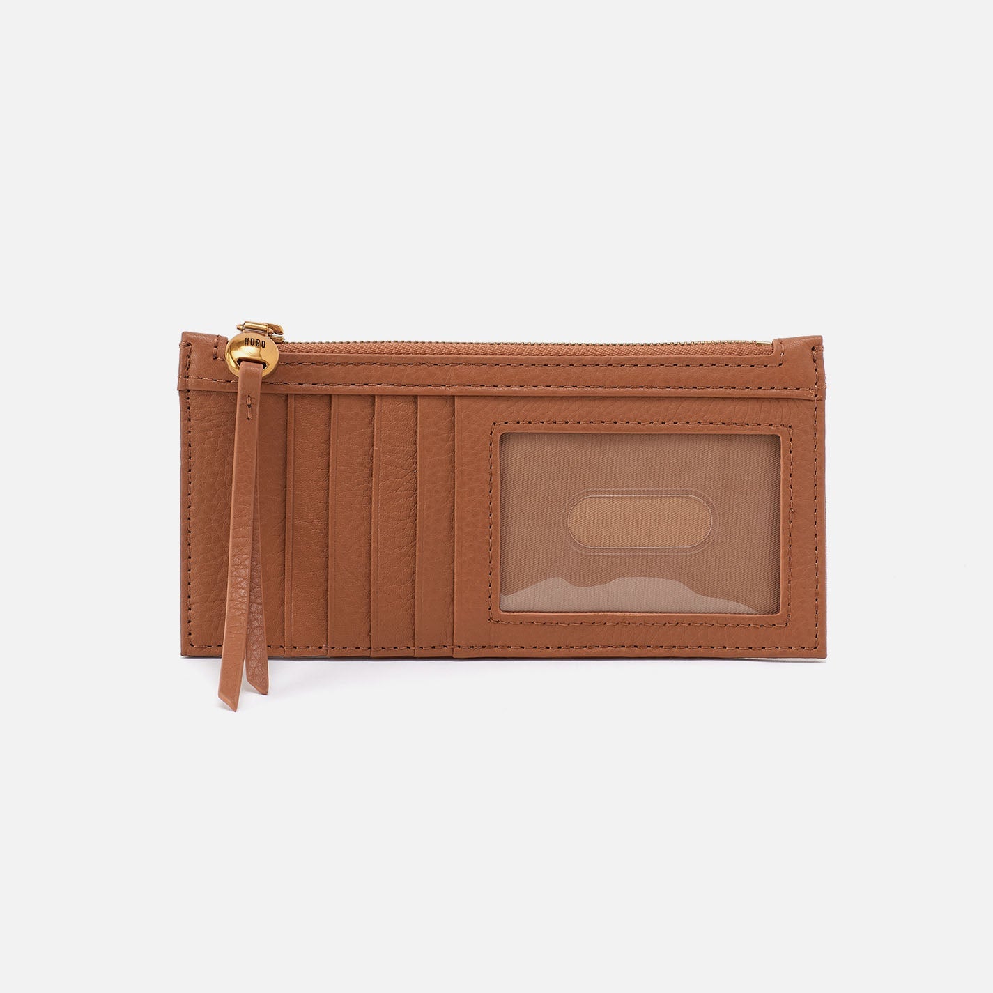 Brown leather wallet with a strap on a white background